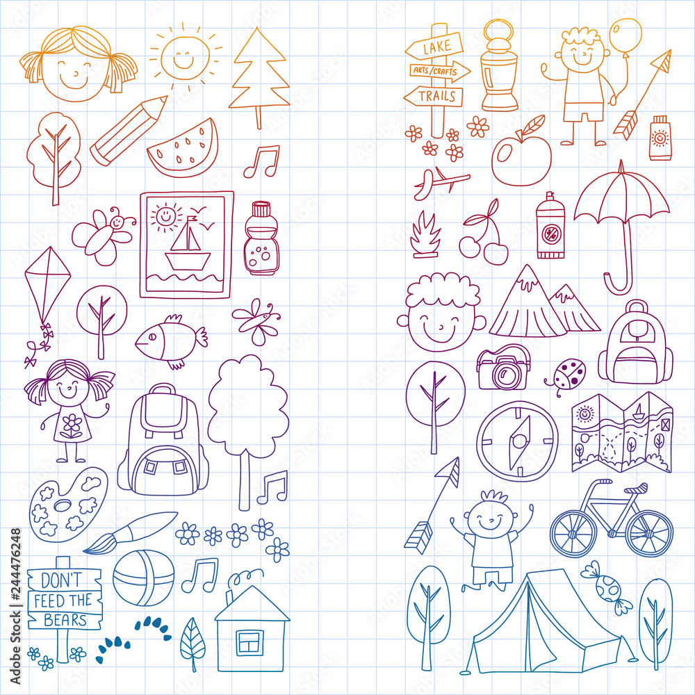 Vector set of camping, hiking icons for little children. School and kindergarten kids vacation.