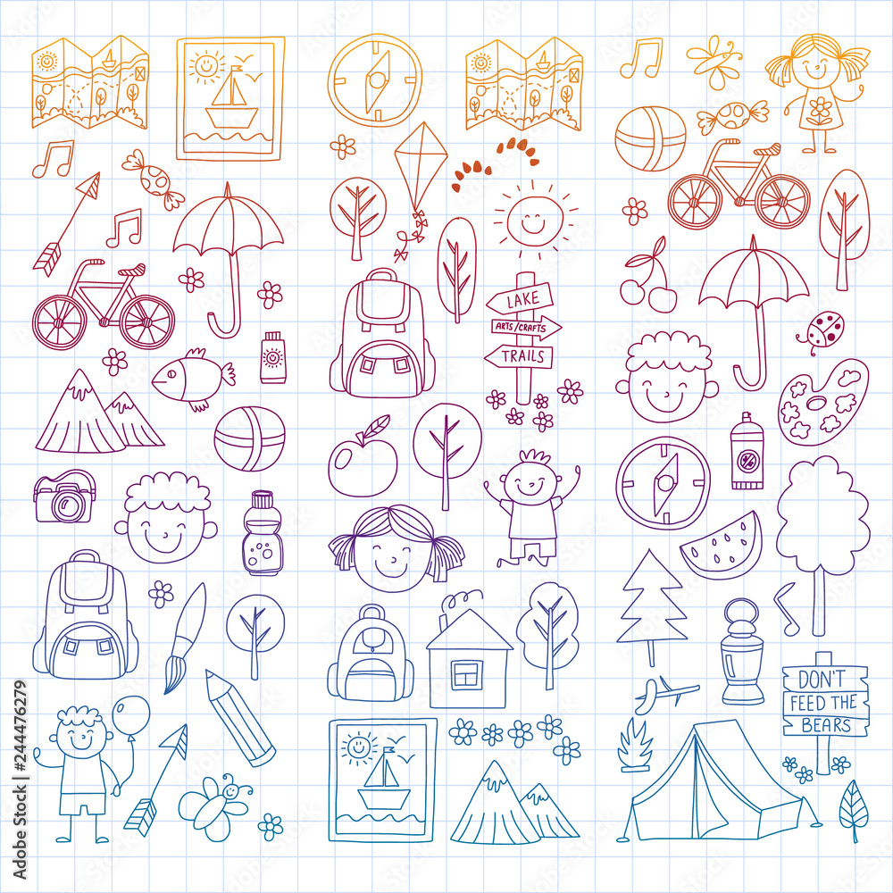 Vector set of camping, hiking icons for little children. School and kindergarten kids vacation. Vector set of camping, hiking icons for little children. School and kindergarten kids vacation.