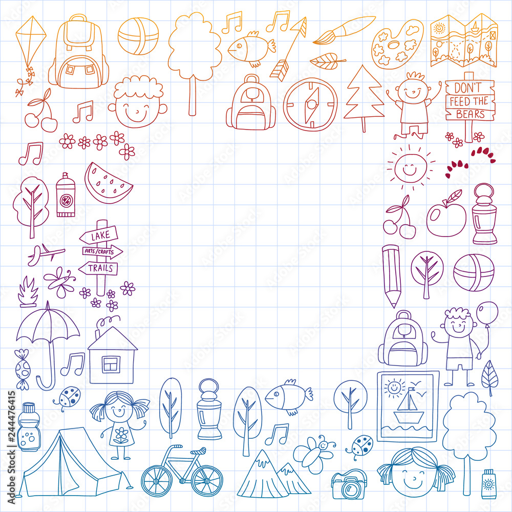 Vector set of camping, hiking icons for little children. School and kindergarten kids vacation. Vector set of camping, hiking icons for little children. School and kindergarten kids vacation.