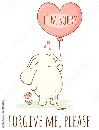 Cute sad cartoon animal with heart shaped balloon