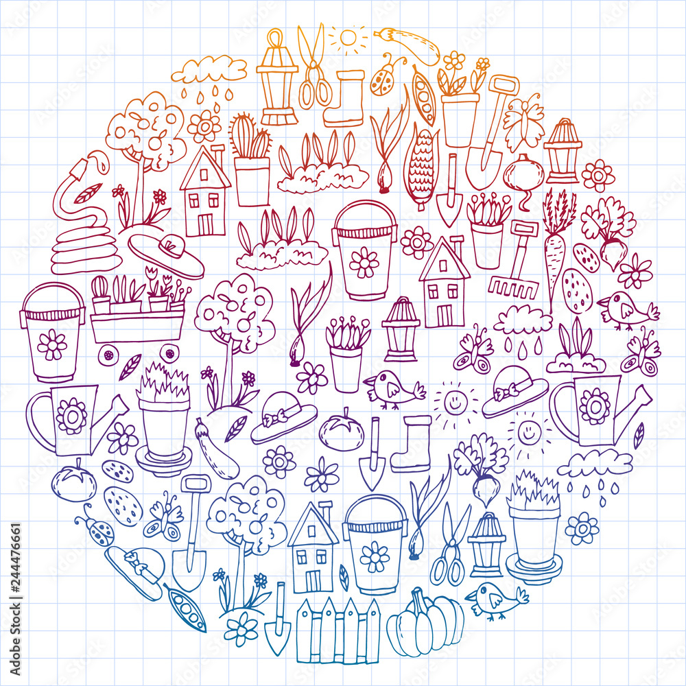 Obraz premium Garden, agriculture, garden tools, equipment, harvest. Icons of gardening items.