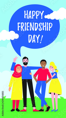Happy friends from all around the world hugging, happy international friendship day flat style design character vector illustration. Diversity and no limits friendship.