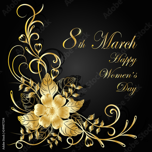 Womens day greeting card. Beautiful gold flowers on dark background with shadow.