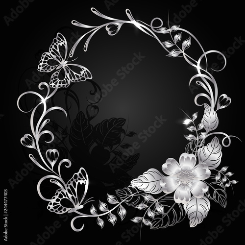 Fototapeta Naklejka Na Ścianę i Meble -  Silver flowers with shadow on dark background.