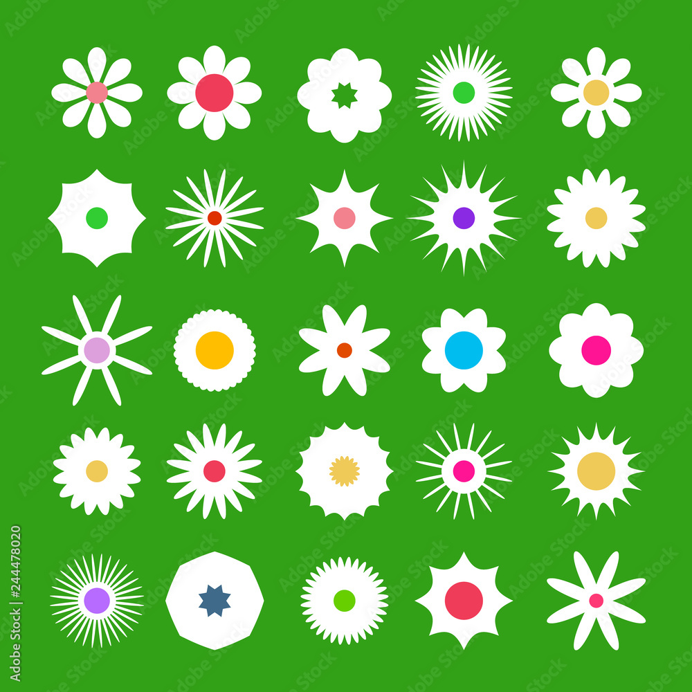 Spring Flover Icons. Vector Flat Design Flowers Set on Green Background.