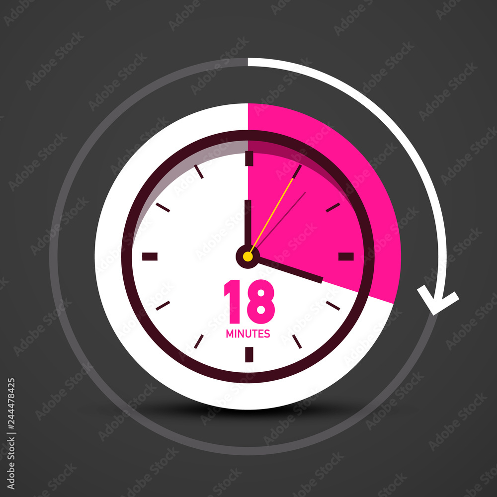 18 Eighteen Minutes Icon with Clock. Vector Watch Symbol. 18 Eighteen Minutes Icon with Clock. Vector Watch Symbol.