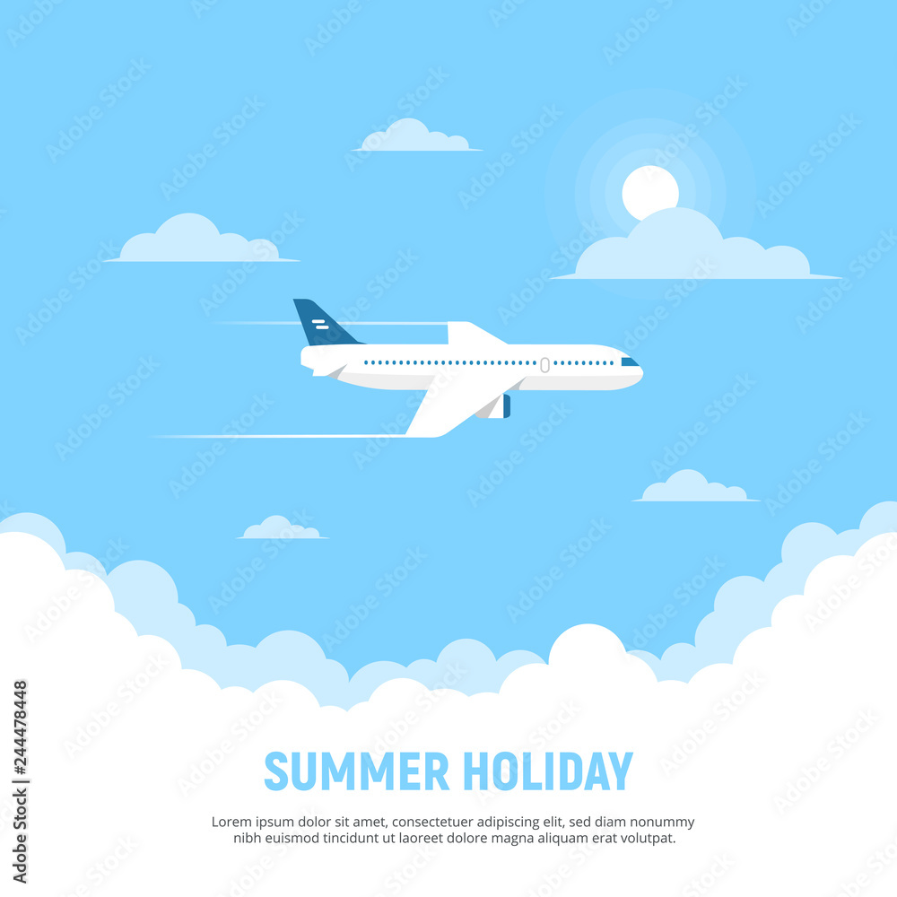 Flying airplane and clouds on blue sky background. Concept travel and holidays. Vector illustration in flat style
