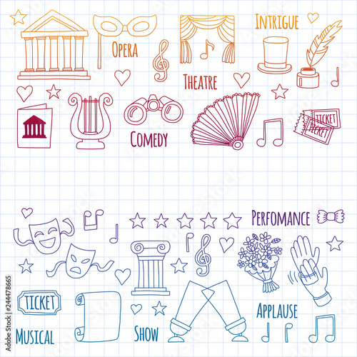 Vector set with theatre icons. Entertainment, show, musical perfomance