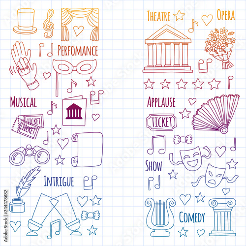 Vector set with theatre icons. Entertainment, show, musical perfomance