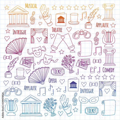 Vector set with theatre icons. Entertainment, show, musical perfomance