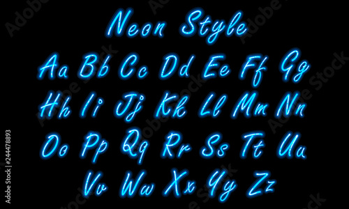 Neon alphabet font in blue small caps