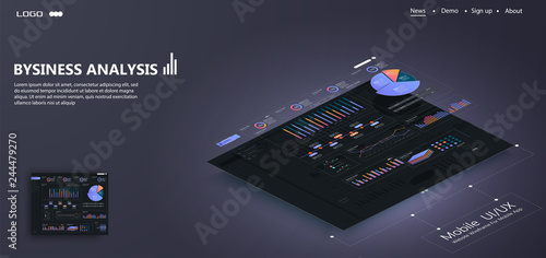 Isometric conceptual page website with disassembled user interface. Ui, Ux development vector illustration. Landing page concept. Mobile app wireframe. Eps 10