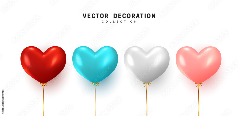 Set Balloon heart shape isolated on white background. Holiday element design realistic baloon with gold ribbon and bow