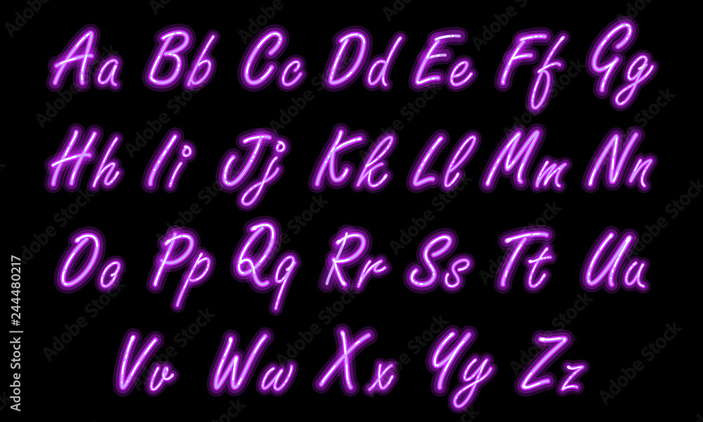 Neon alphabet font in purple small caps