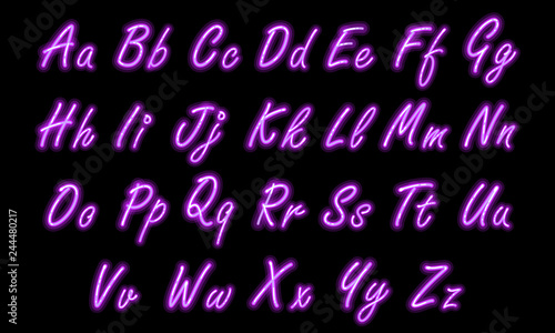 Neon alphabet font in purple small caps