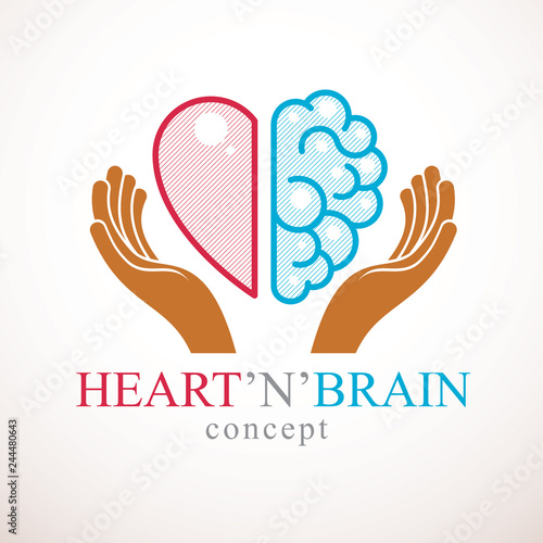Heart and Brain concept, conflict between emotions and rational thinking, teamwork and balance between soul and intelligence. Vector logo or icon design.