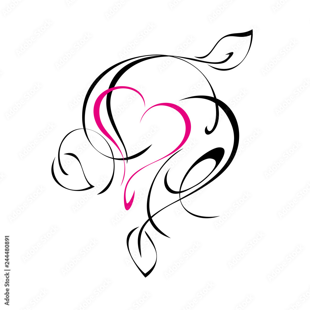 Naklejka premium decorative ornament with pink heart and leaves in black lines on white background