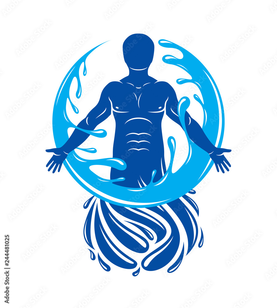 Vector graphic illustration of strong male, body silhouette surrounded by a water ball. Living in harmony with nature. Vector graphic illustration of strong male, body silhouette surrounded by a water ball. Living in harmony with nature.