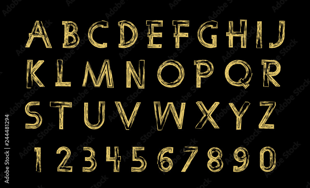 Gold glittering letters in brush hand painted style. Vector graphic. Gold glittering letters in brush hand painted style. Vector graphic.
