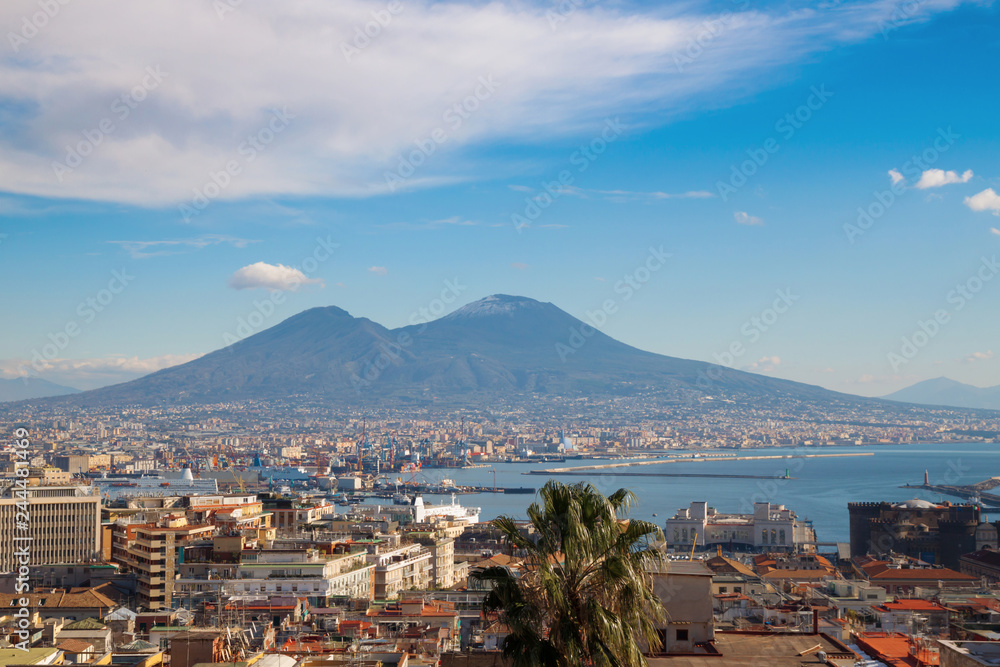 Panorama of Naples, Italy with view of Mount Vesuvius