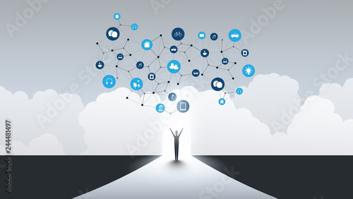 New Possibilities - Business, Solutions Finding, Cloud Computing Design Concept with a Standing Business Man and Icons - Digital Network Connections, Technology Background 