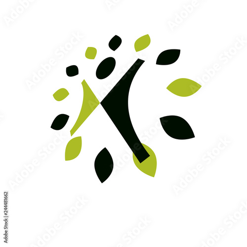 Vector illustration of joyful abstract individual with raised hands up. Go green idea creative logo. Healthy lifestyle metaphor. Vegetarian theme icon.