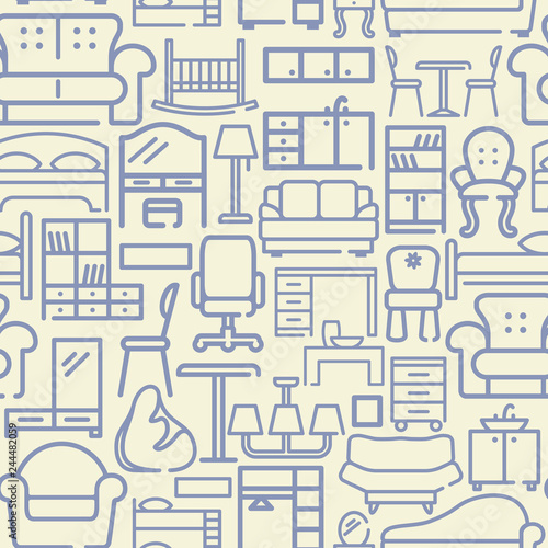 Seamless furniture background. Vector pattetn with linear icons