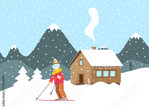 Winter Holliday Landscape Snow with Mountain Wooden Cottage and Skier