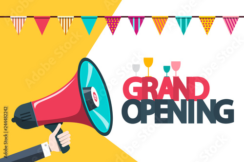 Grand Opening Announcement Card with Megaphone and Party Flags