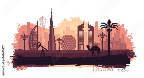 Stylized kyline of Dubai with camel and date palm with spots and splashes of paint. United Arab Emirates