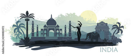 Stylized landscape of India with the Taj Mahal, an elephant and a dancer. Vector background