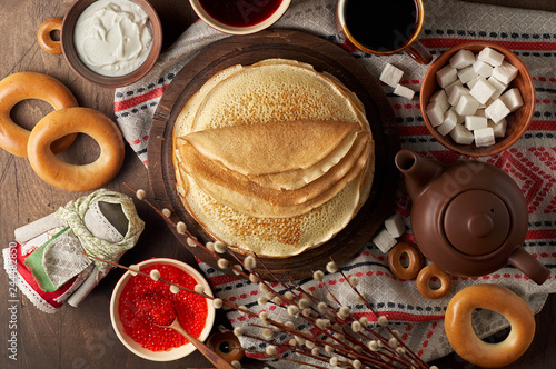 Obraz na płótnie Shrovetide Maslenitsa Butter Week festival meal. Stack of russian pancakes blini w salonie