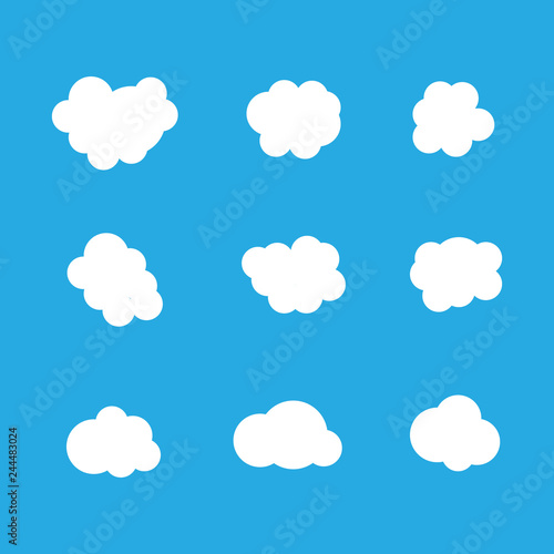 Set of clouds in blue sky. Cloud icon shapes. Collection of different clouds, label, symbol. Graphic vector design element for logo, web and prints.