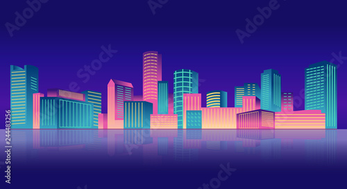 Night city neon light. Downtown American USA Boston. Architecture tower skyscrapers. Horizontal banner vector.