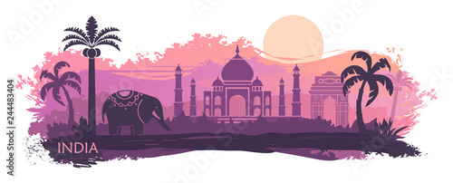 Stylized landscape of India with the Taj Mahal and elephant. Vector background