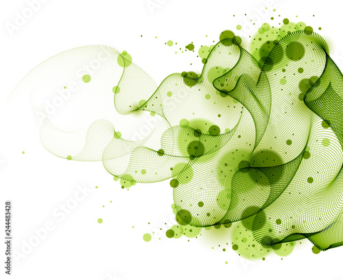 Flowing energy particles, wave of blended dots transparent tulle textile on wind. Curved dotted 3d lines vector effect illustration. 3d futuristic style.