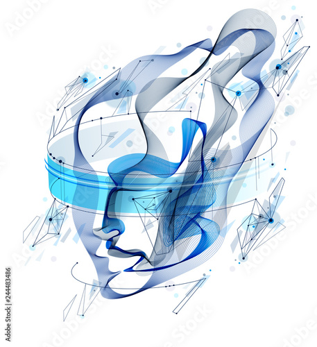 Spirit of digital electronic time, Artificial Intelligence vector illustration of human head made of dotted particles wave lines, particle flow, technological soul of machine.
