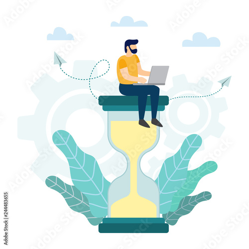 Businessman with laptop sitting on big hourglass. Time Management concept