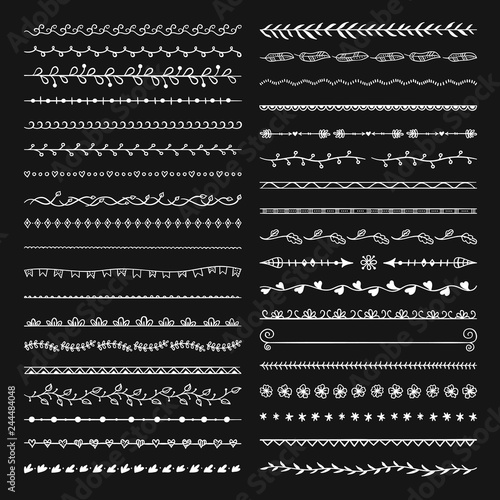 Dividers and borders outline vector set on black background. Hand drawn decorative graphics