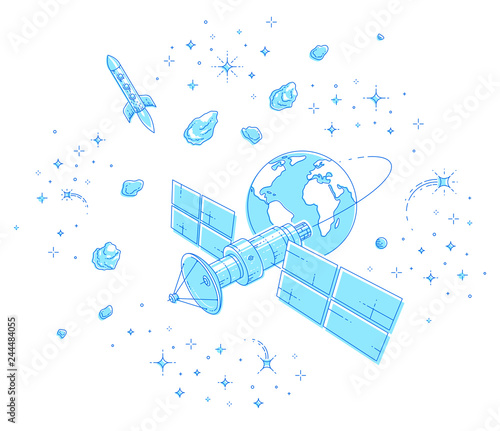 Satellite flying orbital flight around earth, communication technology spacecraft space station with solar panels and satellite antenna plate, with rockets, stars and other elements. Vector.