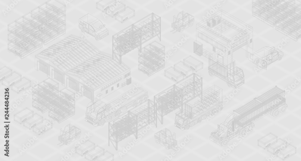 Vector wireframe with template of cargo trucks and buildings for delivery concept