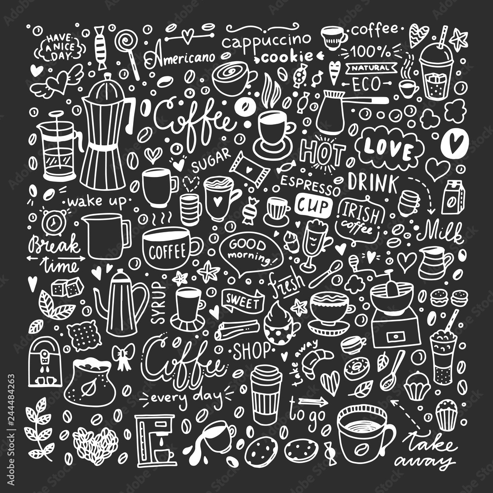 Coffee doodles vector set on black background. Cute cafe hot drinks illustrations and sweet food elements big collection