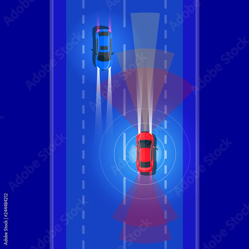 Vector illustration of smart autonomous driverless electric car driving on road and scanning distance with radar, cameras and sensors to observe distance. Top view traffic street at night with lights.