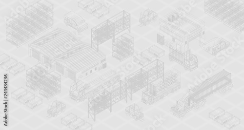 Vector wireframe with template of cargo trucks and buildings for delivery concept