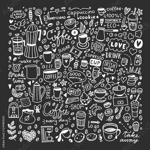 Coffee doodles vector set on black background. Cute cafe hot drinks illustrations and sweet food elements big collection
