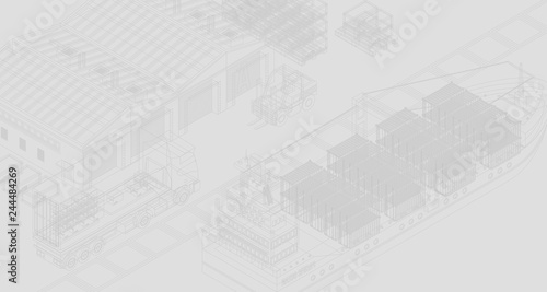 Simple isometric blueprint of port with ship and storage 