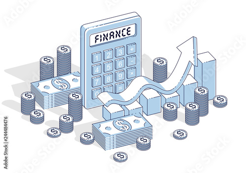 Business success and income or profit concept, calculator and money cash dollar stack and coins isolated on white background. Vector 3d isometric business and finance illustration.