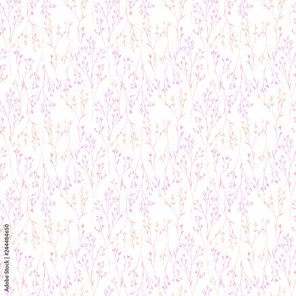 Seamless pattern with hand-drawn watercolor branches in pink and orange colors and white background Seamless pattern with hand-drawn watercolor branches in pink and orange colors and white background