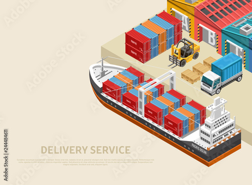 Large freight ship loaded with containers floating near cargo port with heavy machinery and warehouses