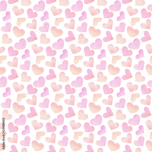 seamless pattern with hand-drawn pink and orange watercolor hearts with white background